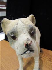 RARE ANTIQUE LATE 1800'S MOLDED CARDBOARD SPOTTED DOG W/GLASS EYES ON WHEELS